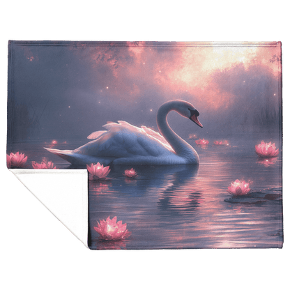 Swan Surrounded by Glowing Lotus Flowers on Tranquil Lake Under Vibrant Twilight Sky With Shimmering Feathers Fleece Sherpa Blanket - Awakening Righteousness