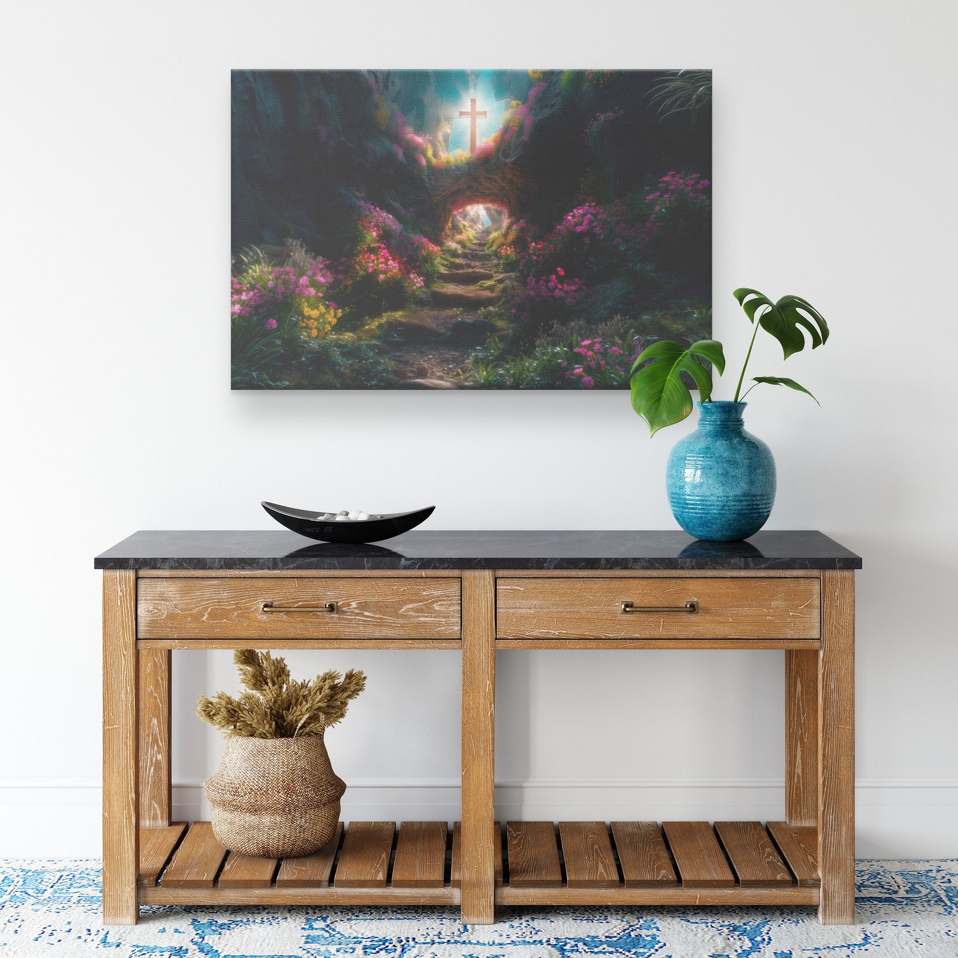 The Narrow Path to the Cross Surrounded by Vibrant Flowers Christian Canvas Wall Art - Awakening Righteousness