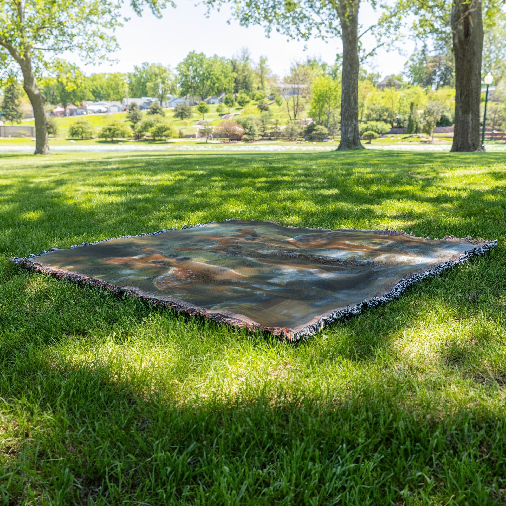 Three Cute Baby Deer in Sunny Stream Cozy Woven Throw Blanket - Awakening Righteousness