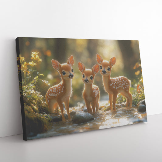 Three Cute Baby Deer Standing in Stream with Wildflowers Canvas Wall Art Decor - Awakening Righteousness