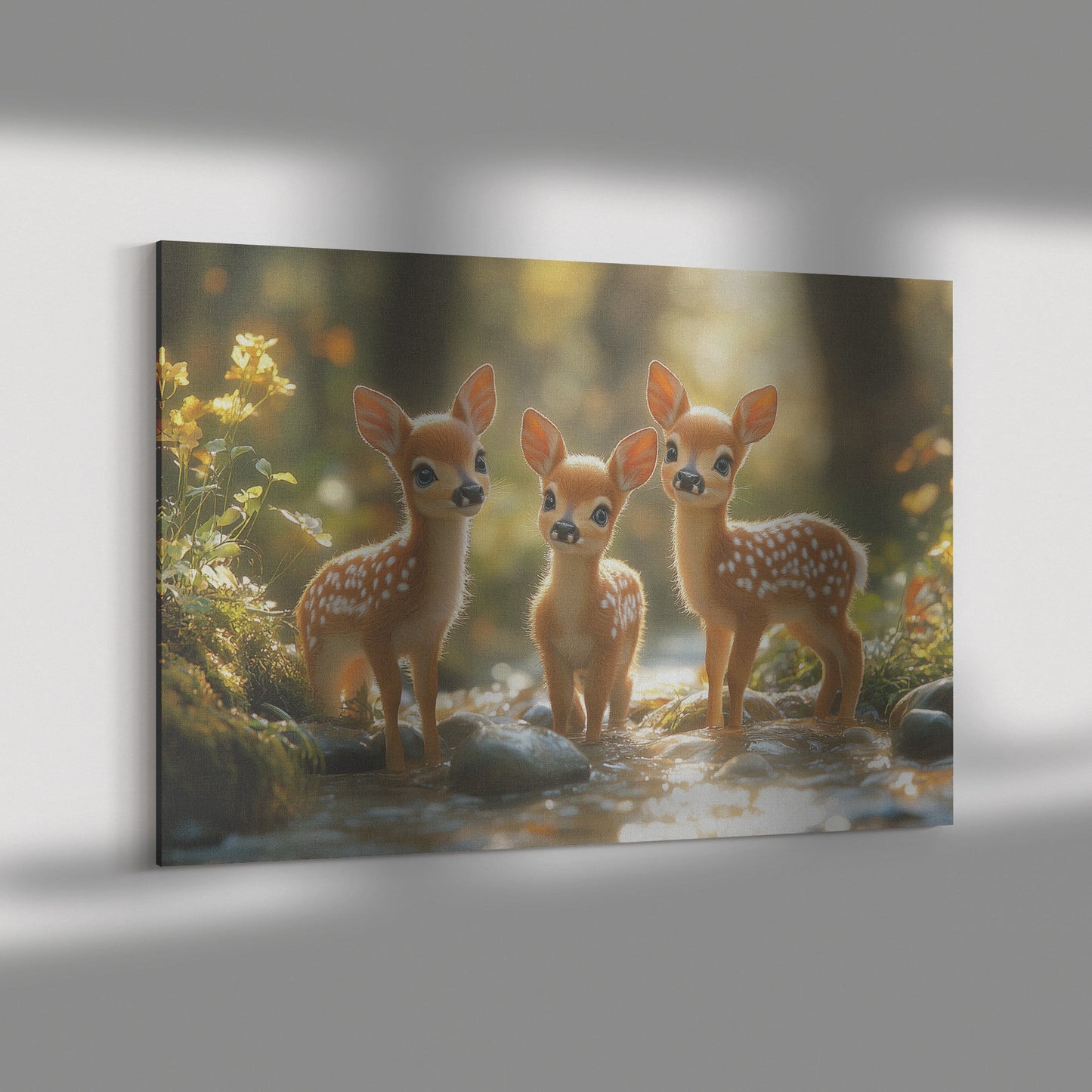 Three Cute Baby Deer Standing in Stream with Wildflowers Canvas Wall Art Decor - Awakening Righteousness