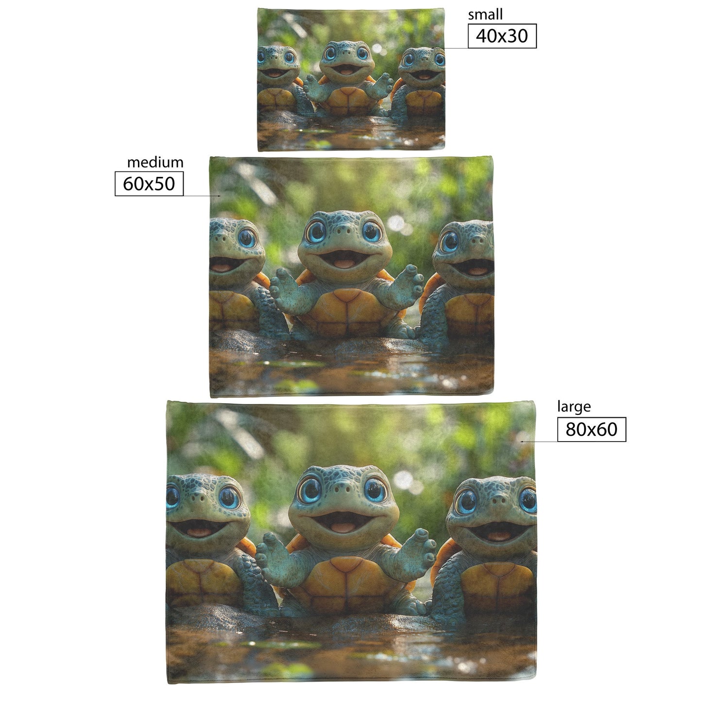 Three Cute Baby Turtles with Big Blue Eyes Sitting on Rocks in Serene Forest Cozy Fleece Sherpa Blanket - Awakening Righteousness