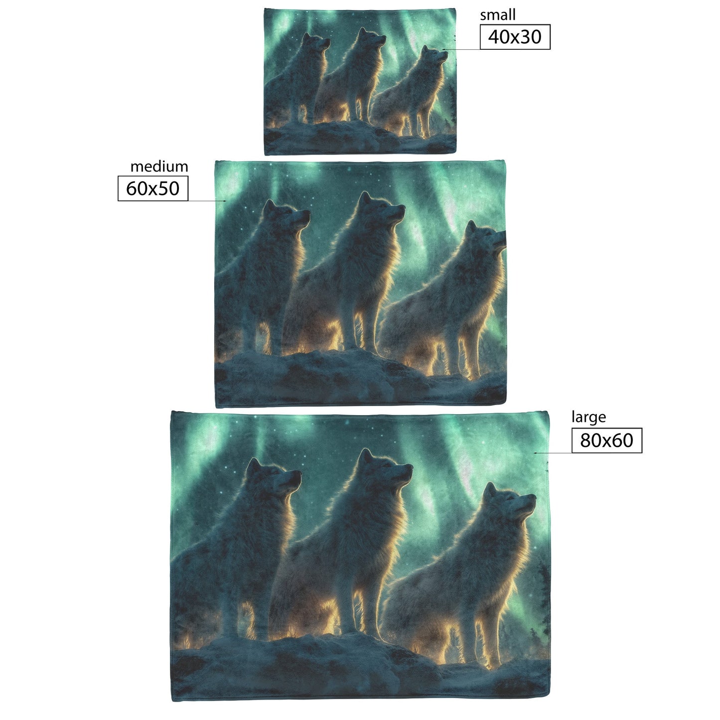 Three Siberian Huskies on Snowy Mountain Peak Under Glowing Northern Lights with Intricate Fur Magical Atmosphere Blanket - Awakening Righteousness