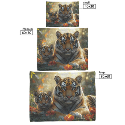 Tiger and Cub Resting Sherpa Fleece Blanket Glowing Jungle Vibrant Wildflowers Sunlit Leaves Peaceful Wildlife Scene - Awakening Righteousness