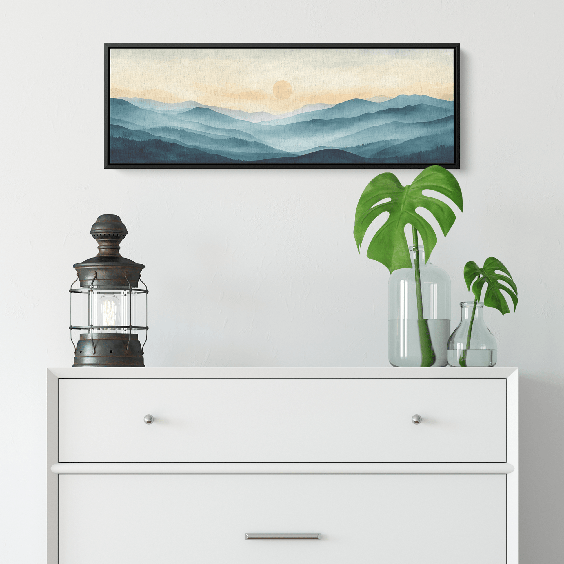 Tranquil Landscape Illustration Muted Hills Pale Sky Taupe Beige Ultra High Definition Modern Minimalist Panoramic Framed Canvas Wall Art - Awakening Righteousness