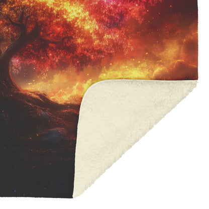 Tree of Knowledge with Fiery Leaves and Starry Sky Sherpa Fleece Blanket for Cozy Home Decor and Gifts - Awakening Righteousness