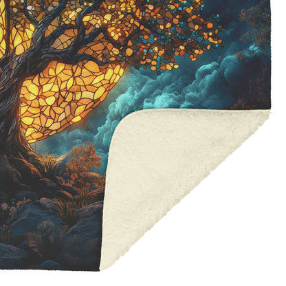 Tree of Life with Radiant Cross and Glowing Stained Glass Moon Fleece Sherpa Blanket Ultra Soft Cozy Perfect for Gift - Awakening Righteousness