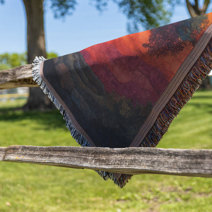 Tree of Life with Vibrant Leaves and Radiant Sunset Background Woven Throw Blanket for Home Decor - Awakening Righteousness