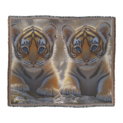 Two Cute Baby Tigers with Blue Eyes in Forest Cozy Woven Throw Blanket - Awakening Righteousness