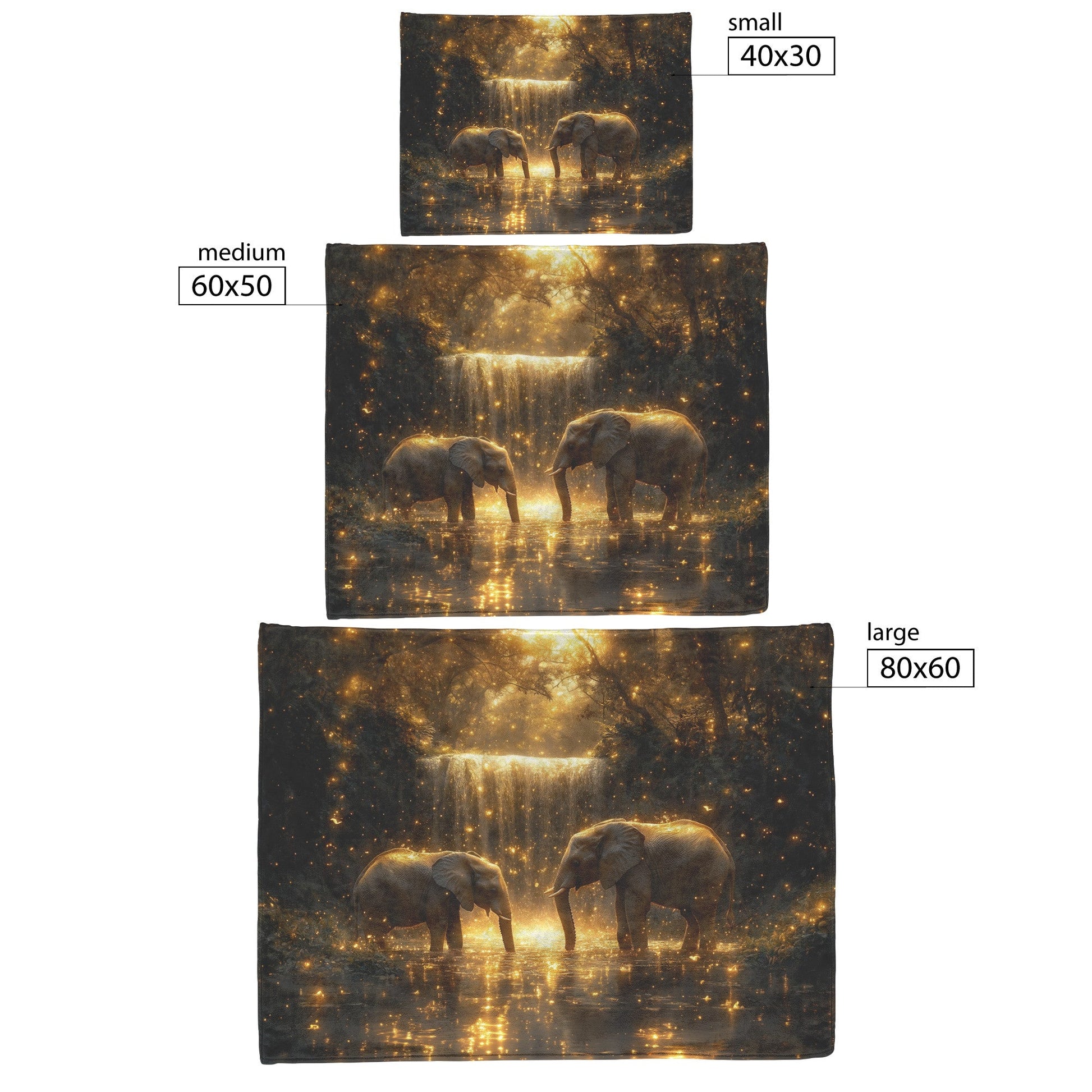 Two Elephants Near Glowing Waterfall Moss Covered Rocks Shimmering Golden Light Peaceful Magical Fleece Sherpa Blanket - Awakening Righteousness