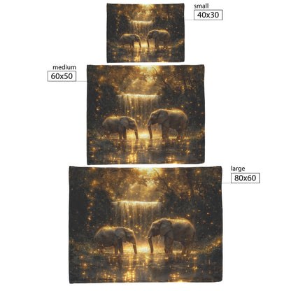 Two Elephants Near Glowing Waterfall Moss Covered Rocks Shimmering Golden Light Peaceful Magical Fleece Sherpa Blanket - Awakening Righteousness