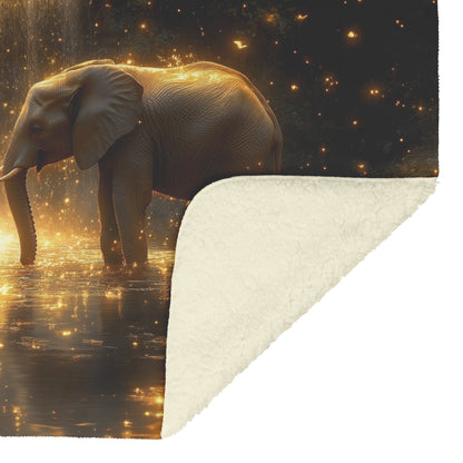 Two Elephants Near Glowing Waterfall Moss Covered Rocks Shimmering Golden Light Peaceful Magical Fleece Sherpa Blanket - Awakening Righteousness