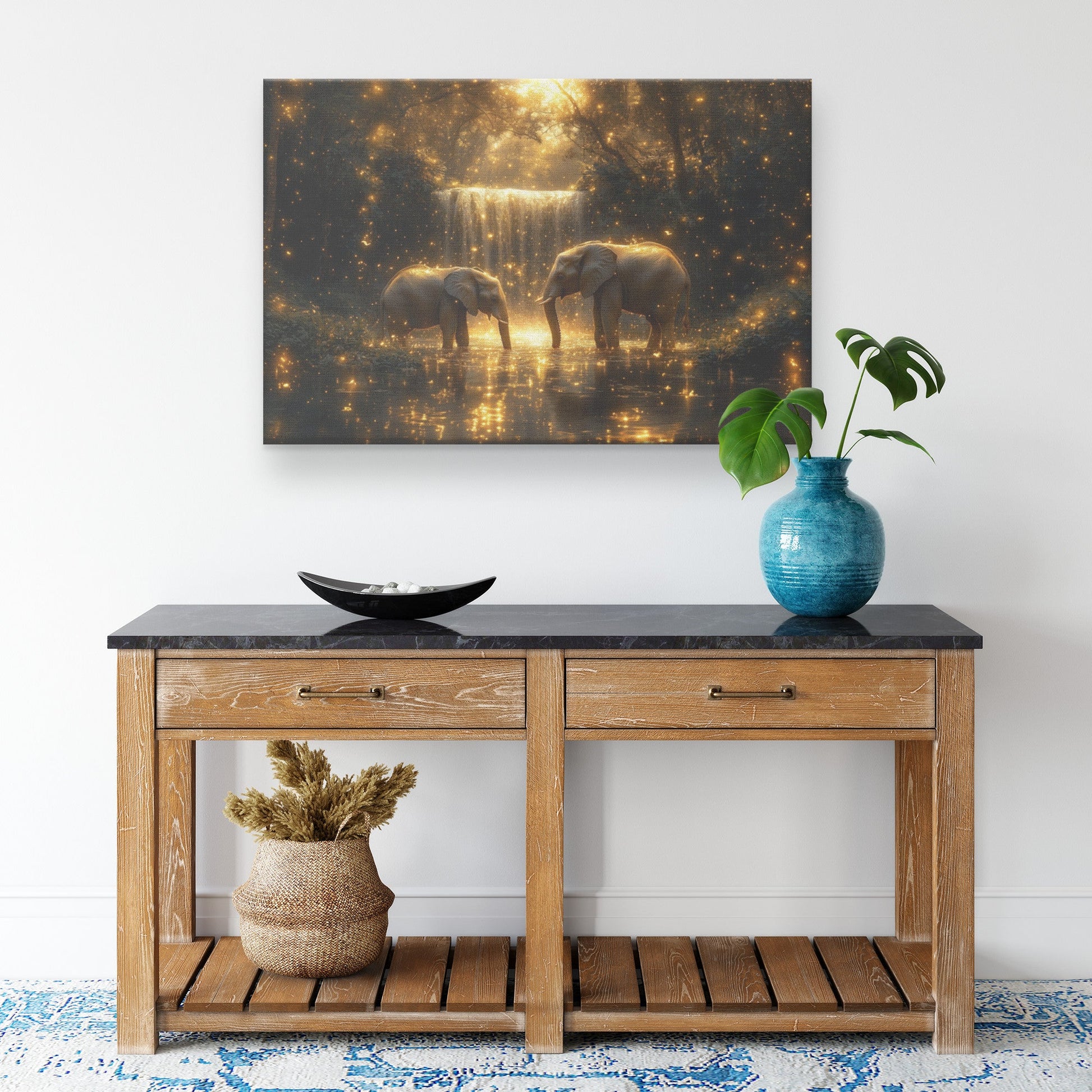 Two Elephants Near Glowing Waterfall Surrounded by Moss Covered Rocks and Shimmering Golden Light Canvas Wall Art Decor - Awakening Righteousness