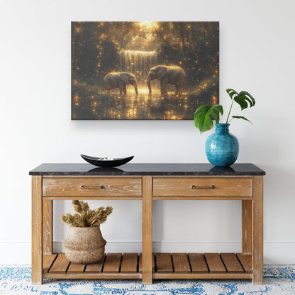 Two Elephants Near Glowing Waterfall Surrounded by Moss Covered Rocks and Shimmering Golden Light Canvas Wall Art Decor - Awakening Righteousness