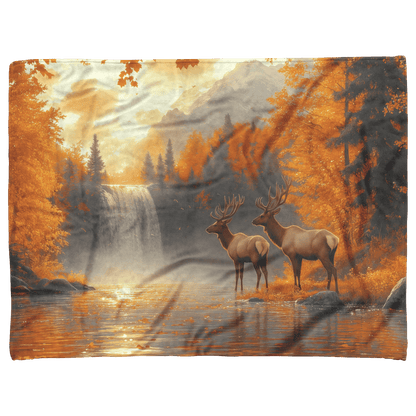 Two Elk Standing Near Glowing Waterfall Surrounded by Autumn Leaves and Golden Mist Under Twilight Sky Fleece Sherpa Blanket - Awakening Righteousness