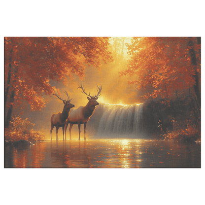 Two Elk Standing Near Glowing Waterfall With Autumn Leaves And Golden Mist Under Twilight Sky Canvas Wall Art Decor - Awakening Righteousness