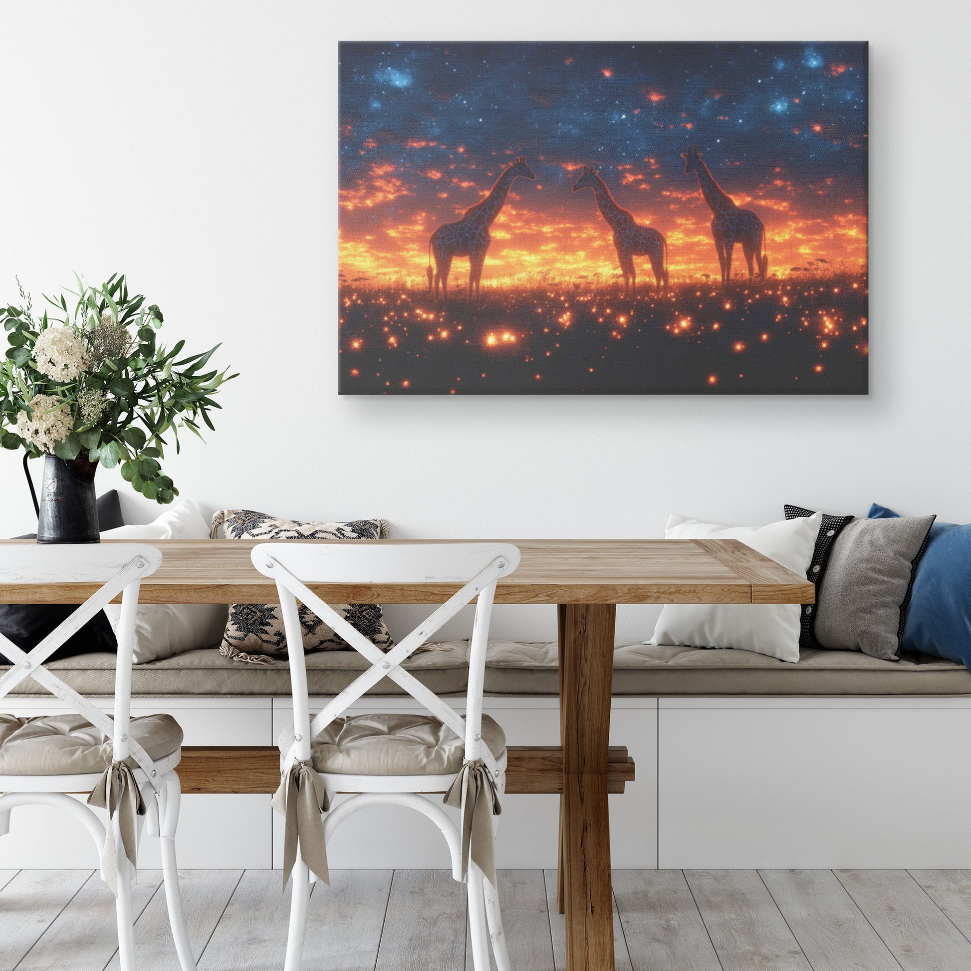Two Giraffes Under Twilight Sky With Stars and Glowing Grasslands Canvas Wall Art for Wildlife Decor - Awakening Righteousness
