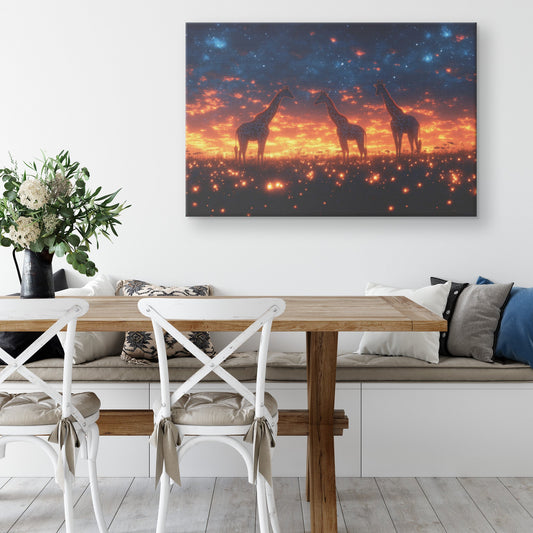 Two Giraffes Under Twilight Sky With Stars and Glowing Grasslands Canvas Wall Art for Wildlife Decor - Awakening Righteousness