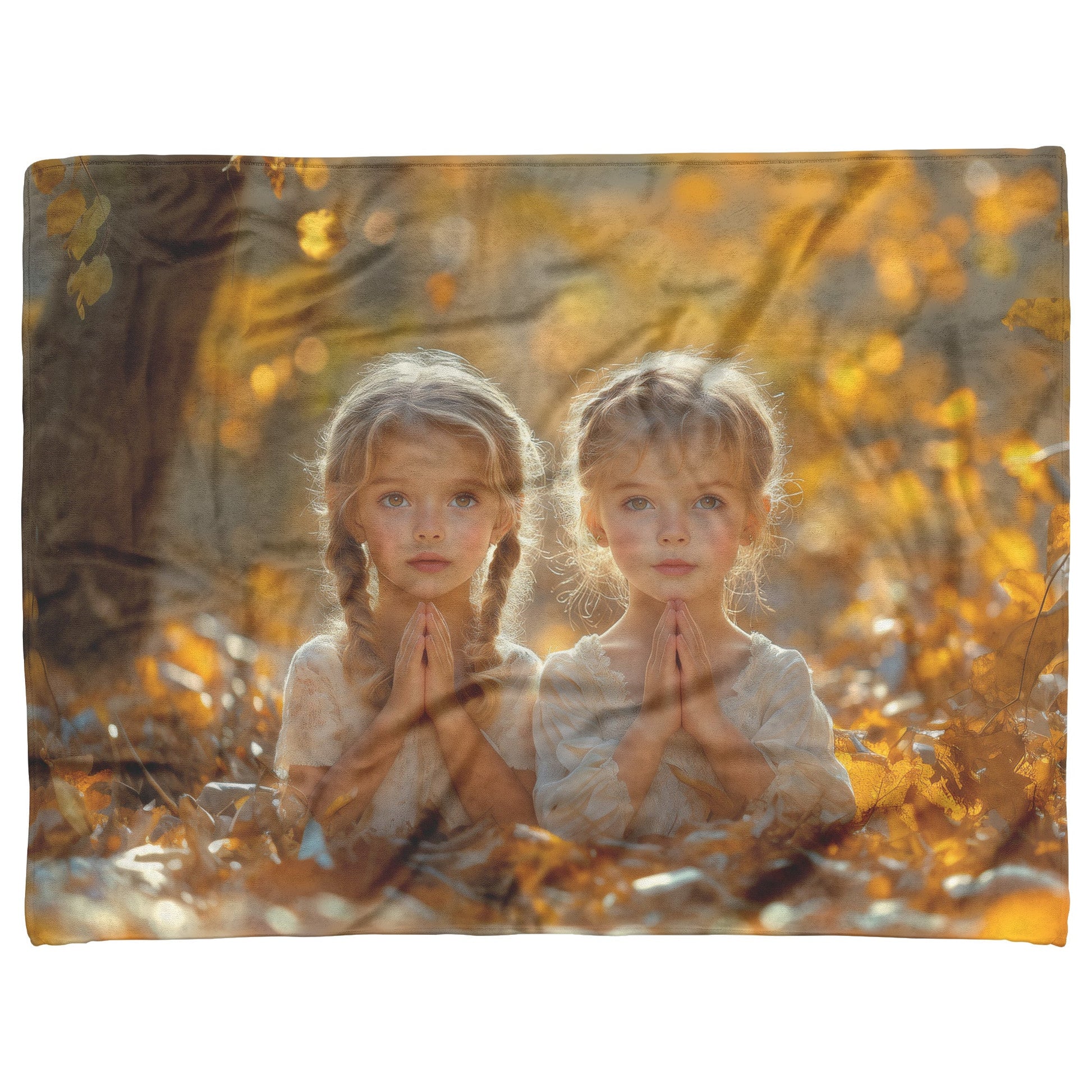 Two Girls Praying Amid Autumn Leaves Fleece Sherpa Blanket Christian Gift Symbol Of Faith And Innocence - Awakening Righteousness