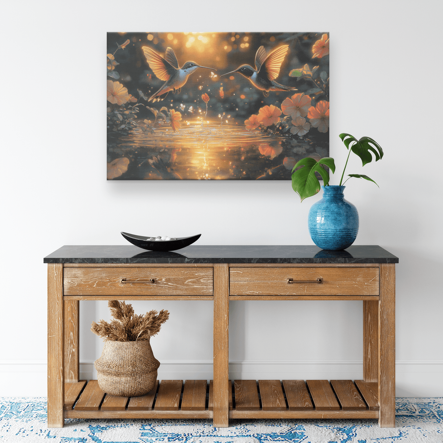 Two Hummingbirds Flying Above Glowing Pond With Shimmering Wildflowers And Twilight Reflections Canvas Wall Art Decor - Awakening Righteousness