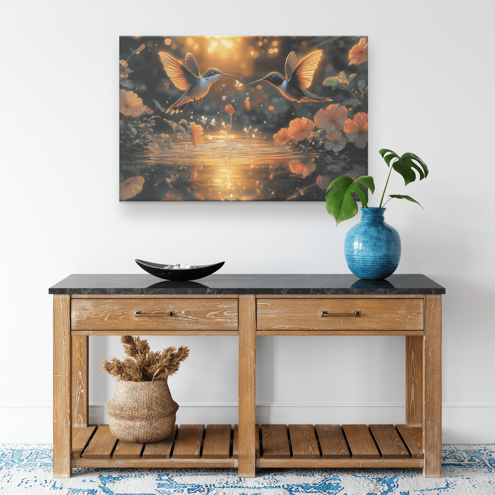 Two Hummingbirds Flying Above Glowing Pond With Shimmering Wildflowers And Twilight Reflections Canvas Wall Art Decor - Awakening Righteousness
