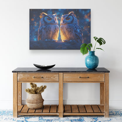 Two Owls Sitting on Glowing Wooden Fence Under Twilight Starry Sky Peaceful Serene Canvas Wall Art Decor - Awakening Righteousness