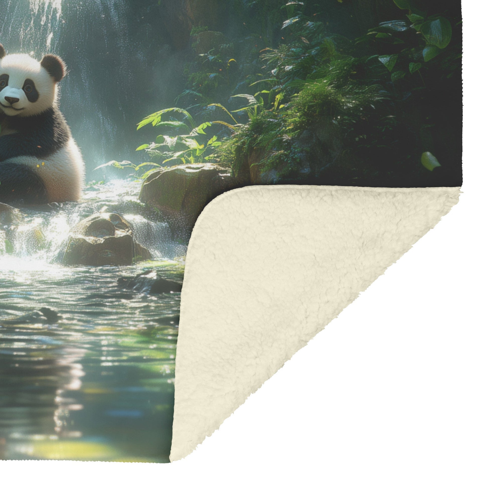 Two Pandas Playing Near Glowing Waterfall Vibrant Green Plants Ethereal Mist Fleece Sherpa Blanket - Awakening Righteousness