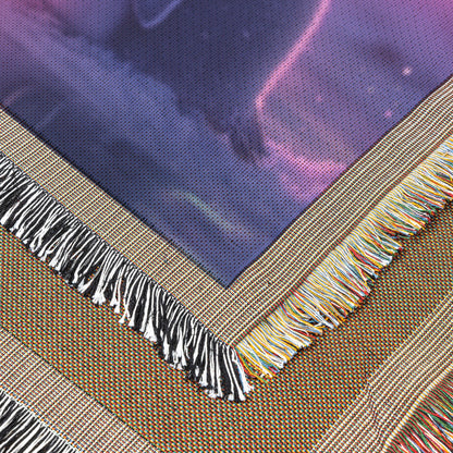 Two Penguins Huddling Together Under Glowing Aurora Sky with Intricate Snow Details and Vibrant Colors Woven Throw Blanket - Awakening Righteousness