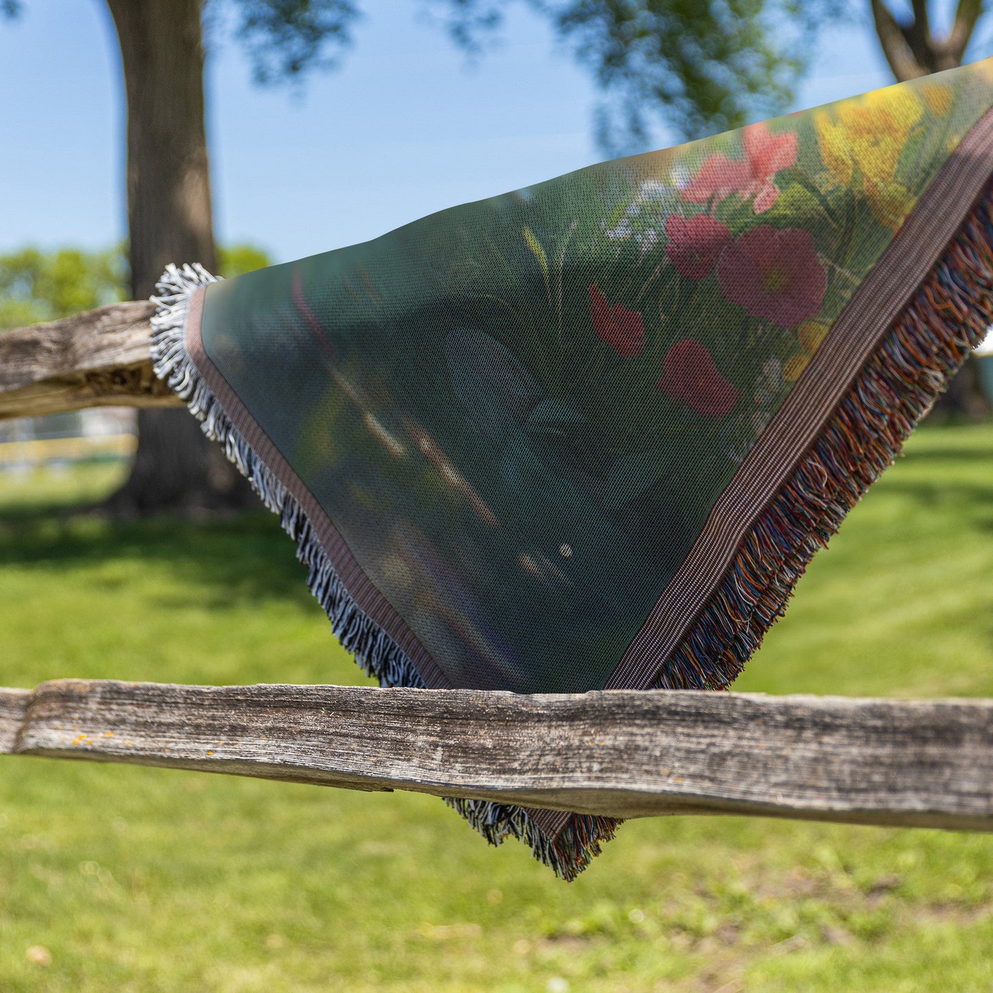 Two Rabbits Sitting by Glowing Crystal Clear Pond Woven Throw Blanket with Green Grass and Wildflowers Under Twilight Sky - Awakening Righteousness