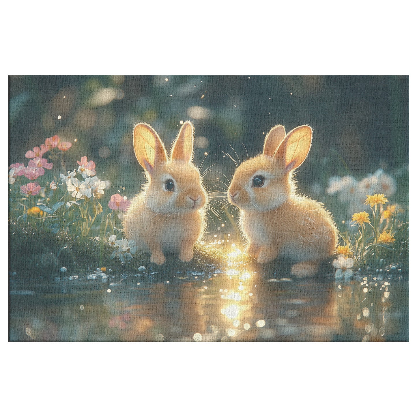 Two Rabbits Sitting Near Glowing Crystal Clear Pond with Green Grass and Wildflowers Under Twilight Sky Canvas Wall Art - Awakening Righteousness