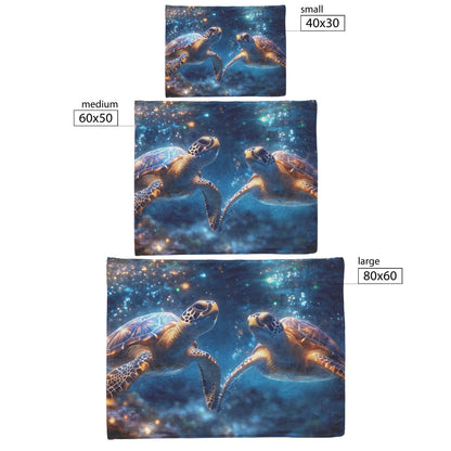 Two Sea Turtles Swimming in Glowing Bioluminescent Ocean with Ethereal Blue and Green Lights Fleece Sherpa Blanket - Awakening Righteousness