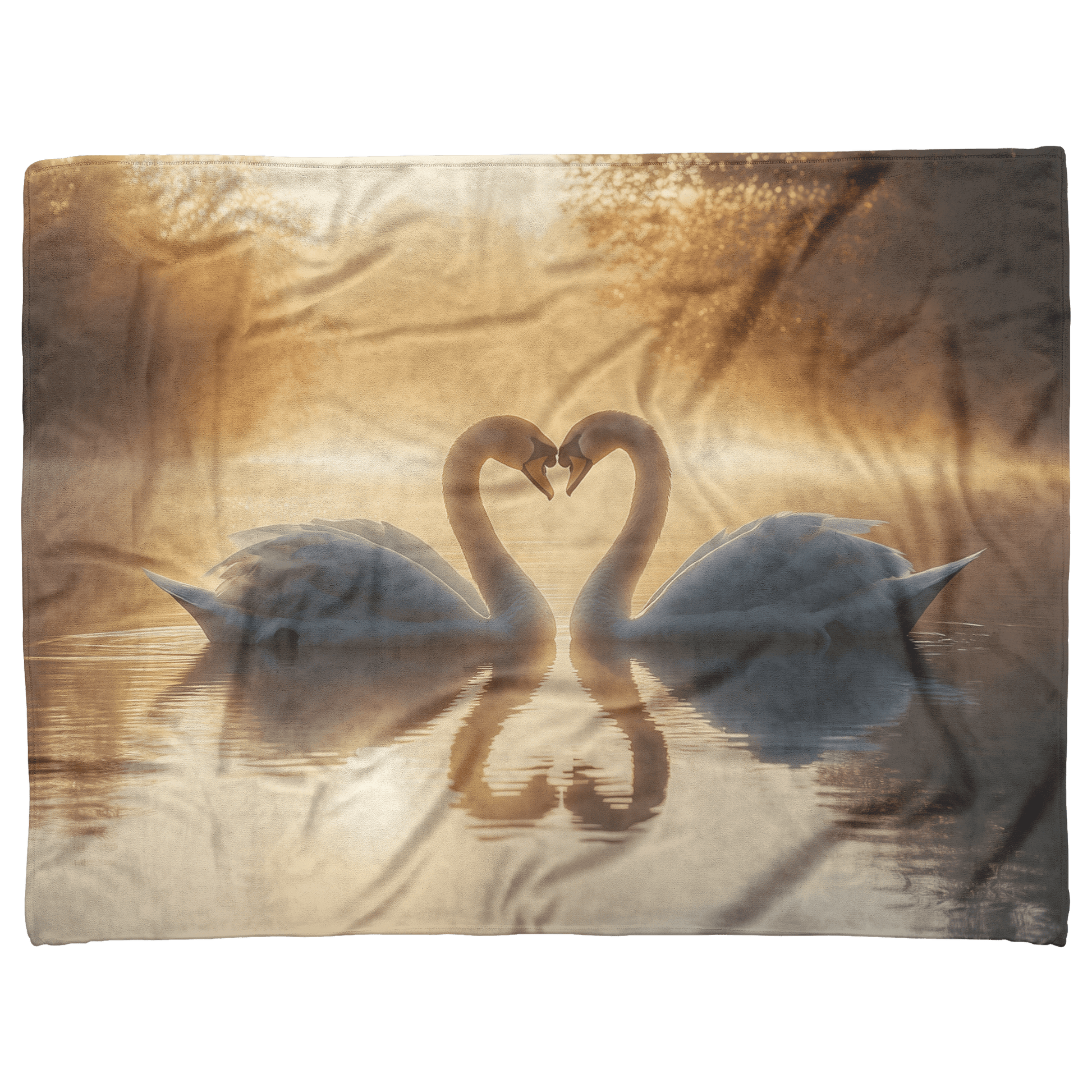 Two Swans Forming Heart Shape on Glowing Pond Surrounded by Mist and Golden Sunlight Filtering Through Trees Fleece Sherpa Blanket - Awakening Righteousness