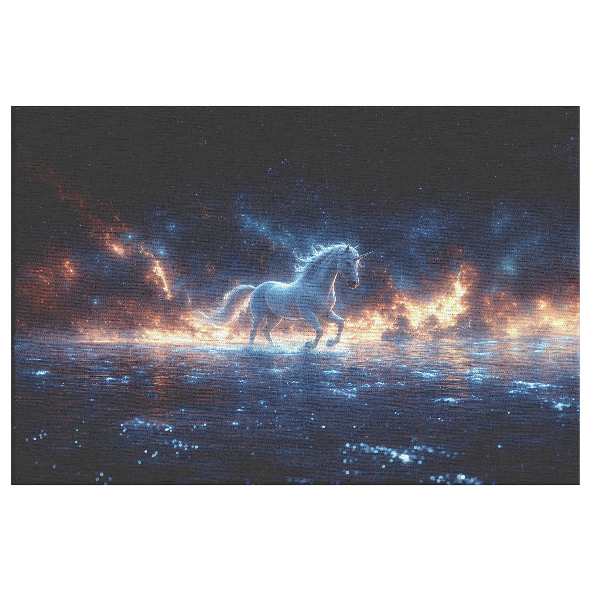 Unicorn Walking Gracefully on Glowing Crystal Water Under Starry Night Sky with Silver Mane Canvas Wall Art Decor - Awakening Righteousness