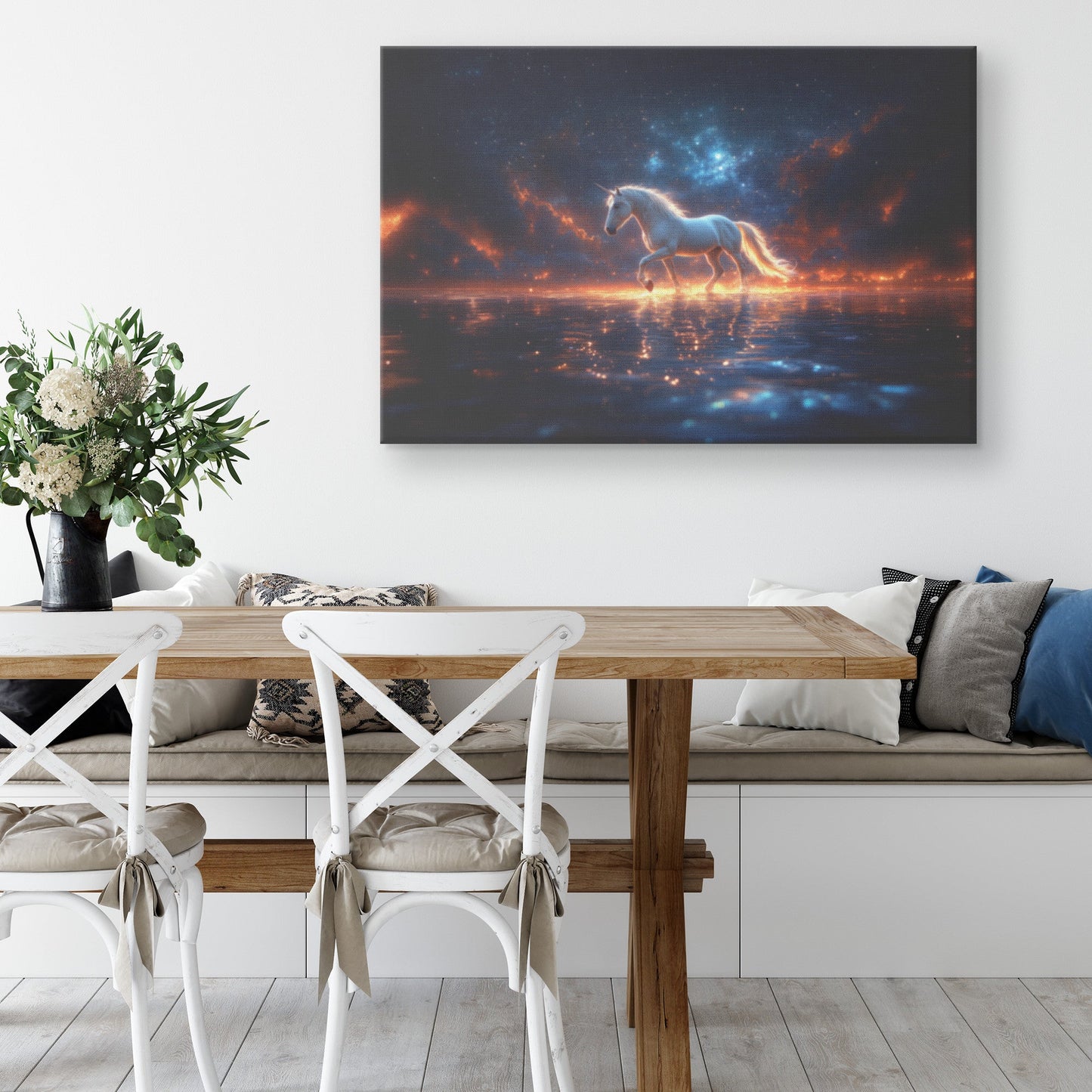 Unicorn Walking Gracefully on Glowing Crystal Water Under Starry Night Sky with Silver Mane Canvas Wall Art Decor - Awakening Righteousness