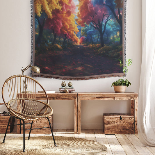 Vibrant Autumn Forest Path with Colorful Trees and Fallen Leaves Woven Throw Blanket for Home Decor - Awakening Righteousness