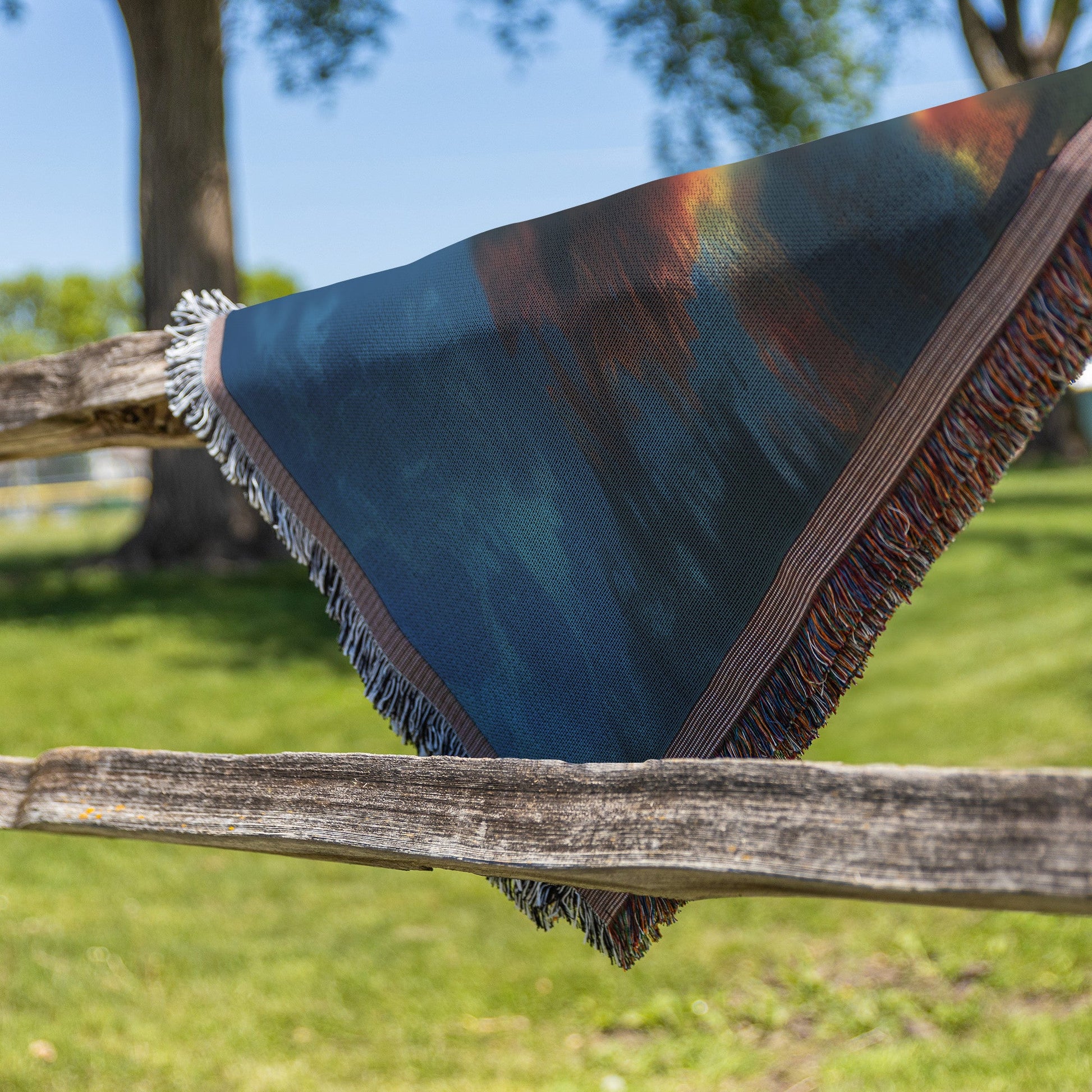 Vibrant Autumn Trees Reflecting on Serene Blue Lake Under a Stunning Clear Sky Woven Throw Blanket for Cozy Home Decor - Awakening Righteousness