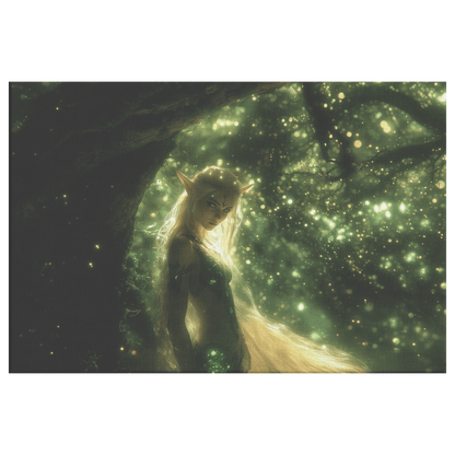 Vibrant Female Blood Elf Hunter in Enchanted Forest with Golden Mist and Radiant Green Light Canvas Wall Art - Awakening Righteousness