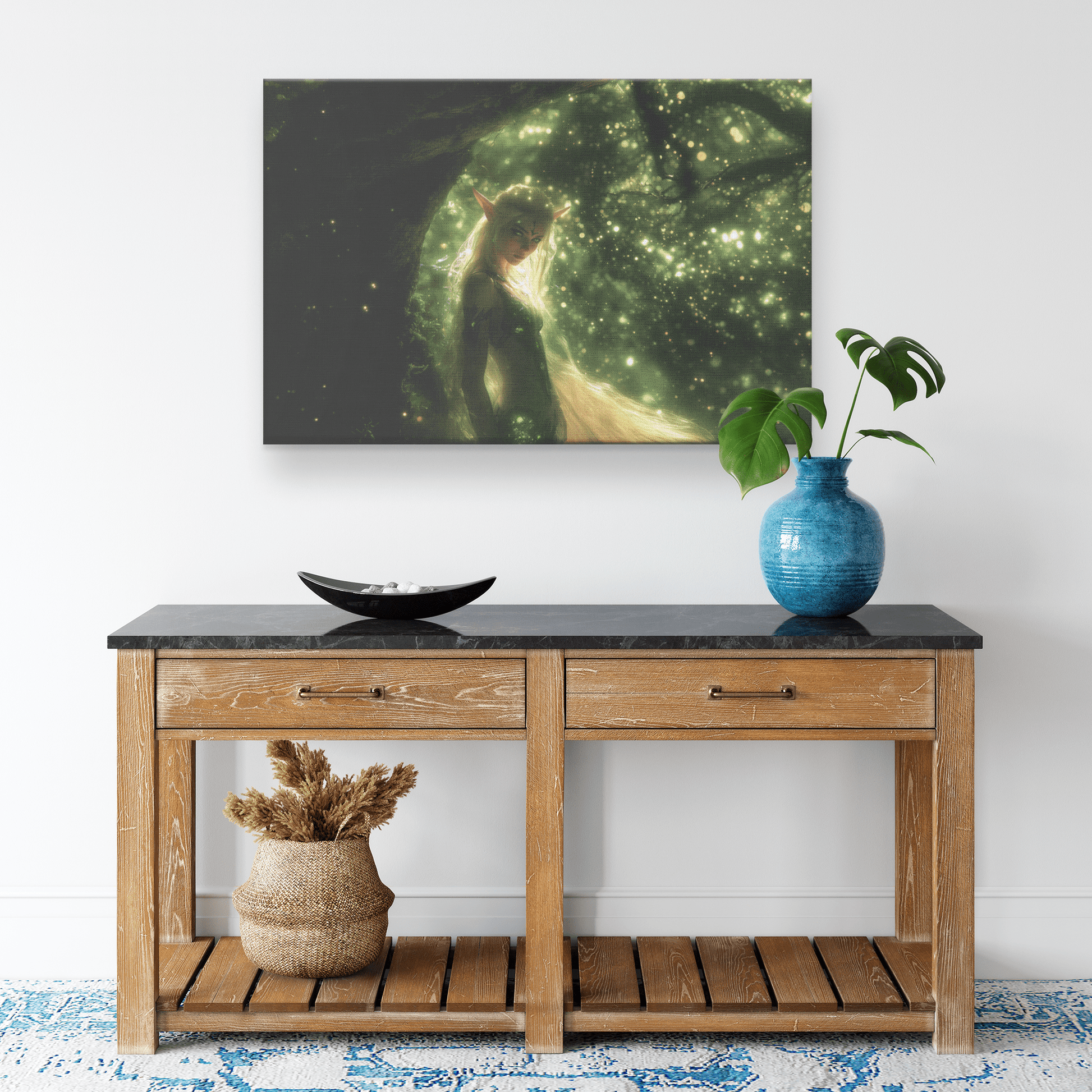 Vibrant Female Blood Elf Hunter in Enchanted Forest with Golden Mist and Radiant Green Light Canvas Wall Art - Awakening Righteousness