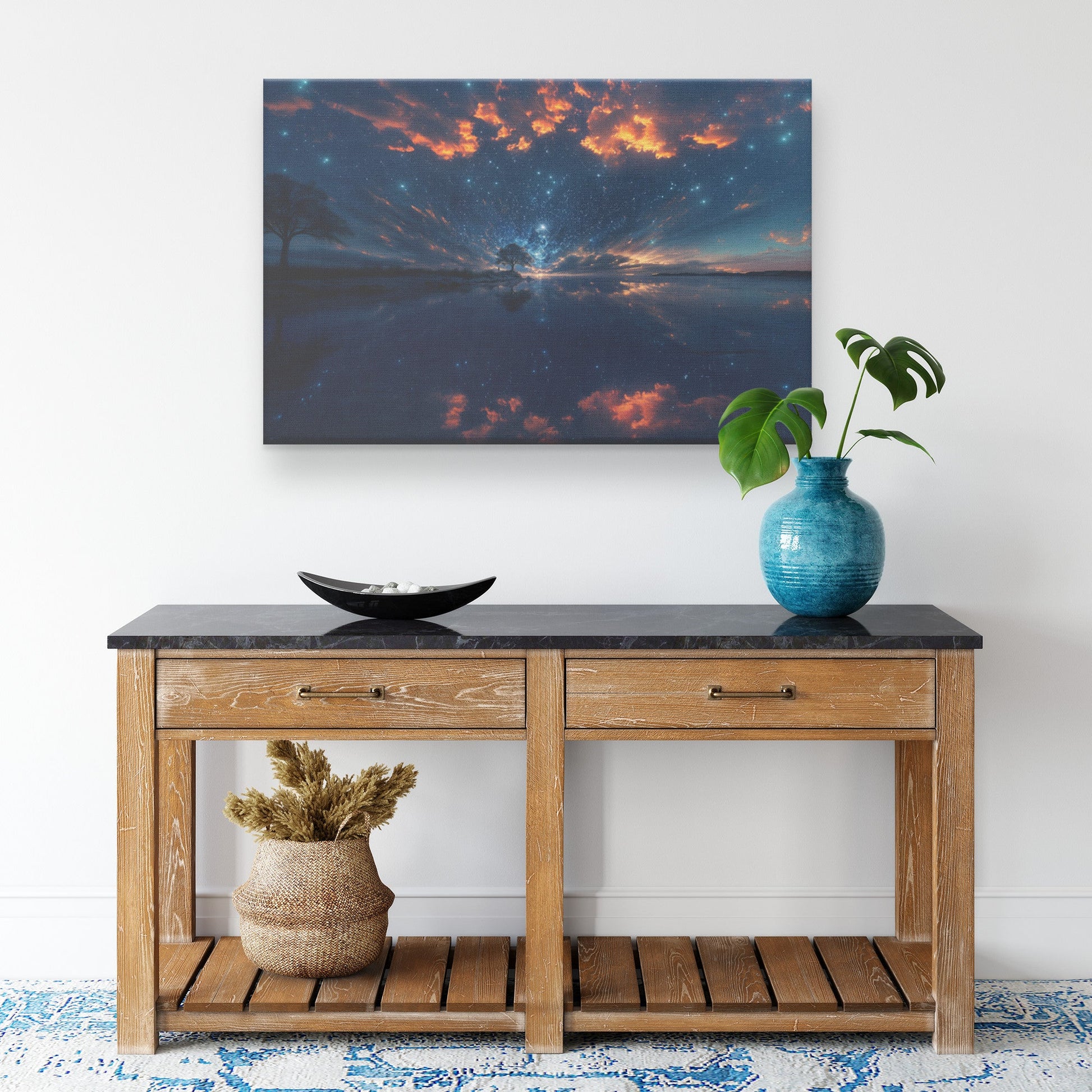 Vibrant Night Sky with Cosmic Reflections and Fiery Clouds Canvas Wall Art Decor - Awakening Righteousness