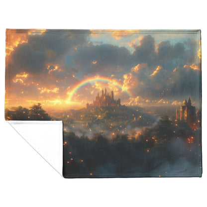 Vibrant Rainbow Over Enchanted Fantasy Castle Lush Greenery Glowing Clouds Golden Mist Fleece Sherpa Blanket - Awakening Righteousness