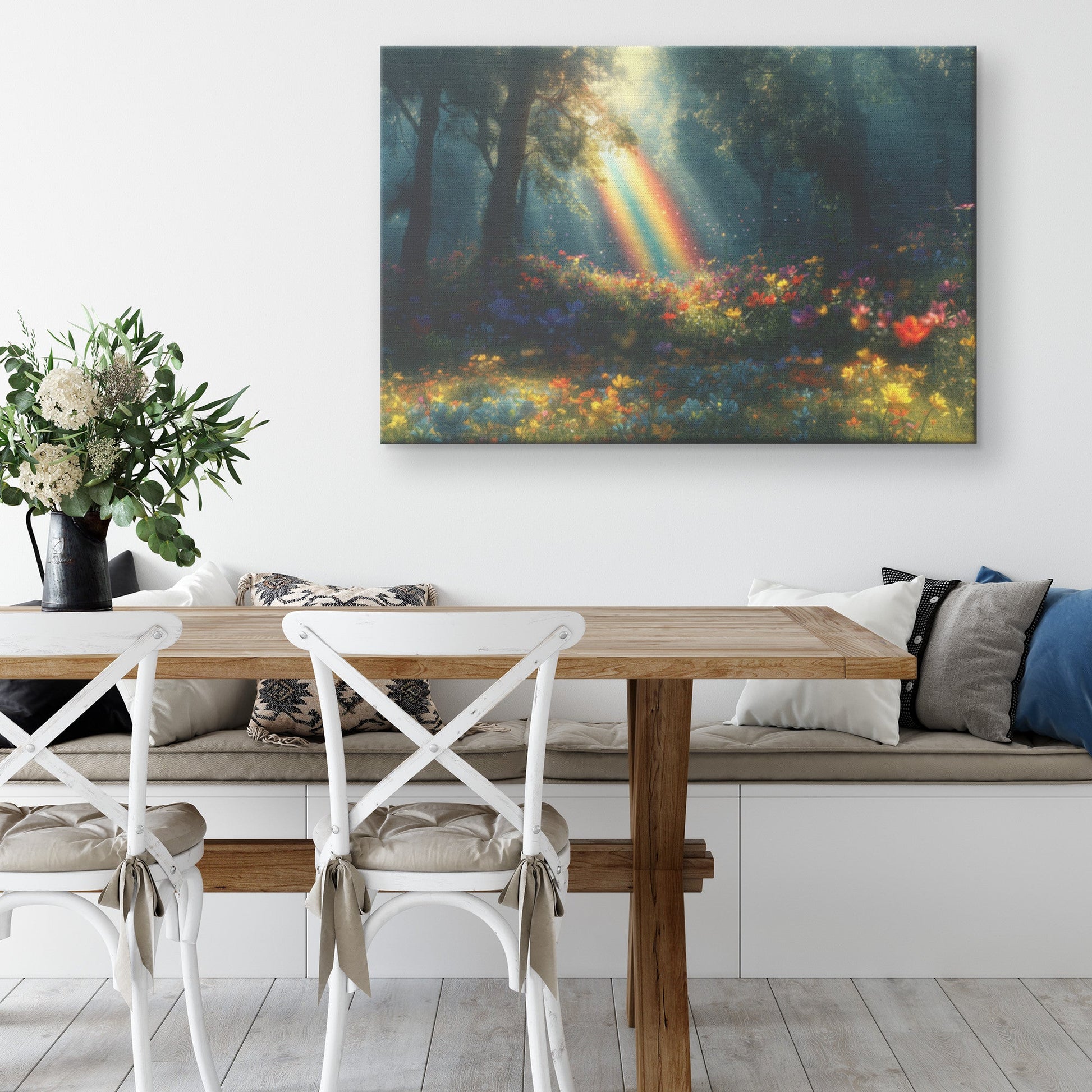 Vibrant Rainbow Over Mystical Forest Clearing Glowing Trees Ethereal Light Colorful Wildflowers Shimmering Mist Canvas Art - Awakening Righteousness