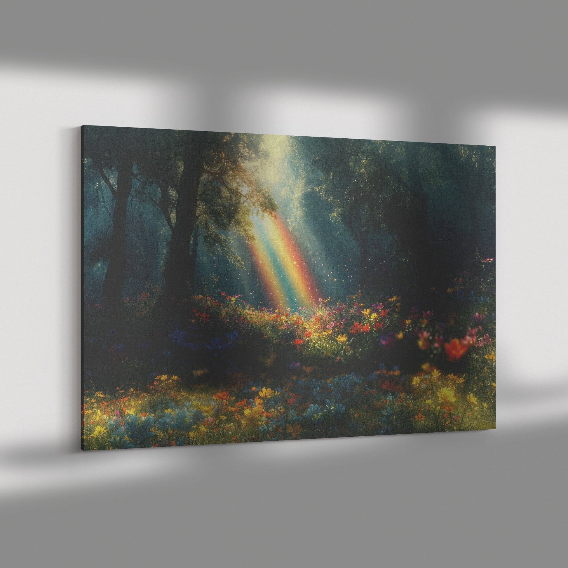 Vibrant Rainbow Over Mystical Forest Clearing Glowing Trees Ethereal Light Colorful Wildflowers Shimmering Mist Canvas Art - Awakening Righteousness