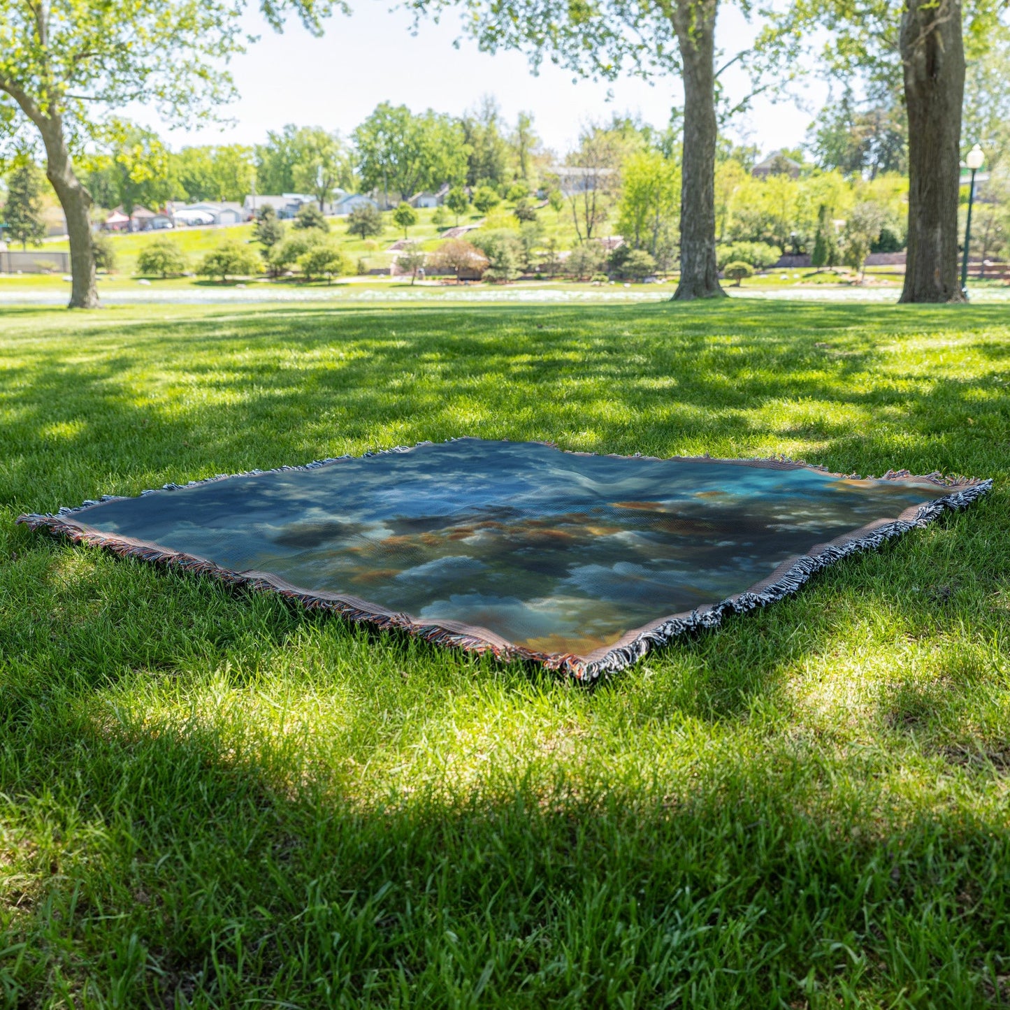 Vibrant Woven Throw Blanket with Sunny Floral Meadow and Peaceful Lake View Under Bright Blue Sky - Awakening Righteousness