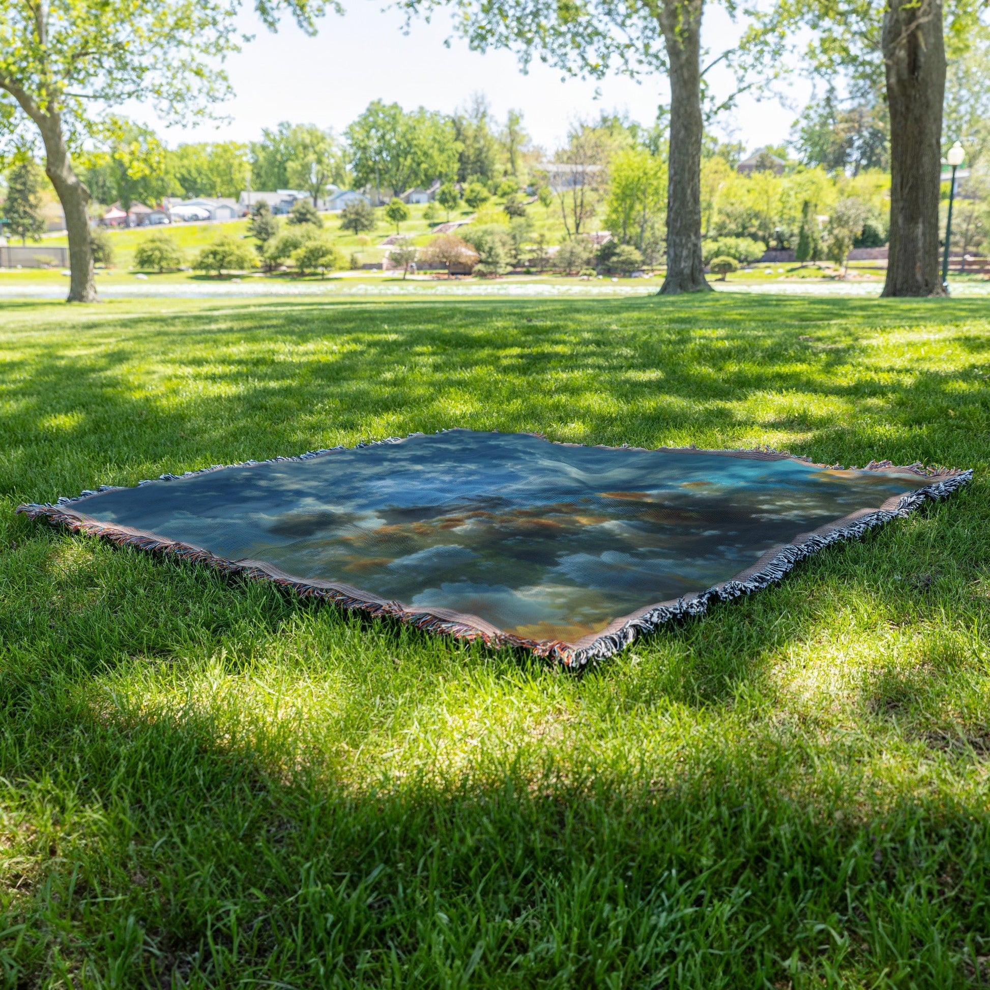Vibrant Woven Throw Blanket with Sunny Floral Meadow and Peaceful Lake View Under Bright Blue Sky - Awakening Righteousness