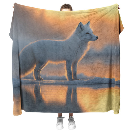 White Arctic Fox on Glowing Snow Under Vibrant Sunset with Silver Highlights in Fur Magical Fleece Sherpa Blanket - Awakening Righteousness