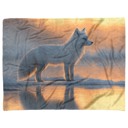 White Arctic Fox on Glowing Snow Under Vibrant Sunset with Silver Highlights in Fur Magical Fleece Sherpa Blanket - Awakening Righteousness