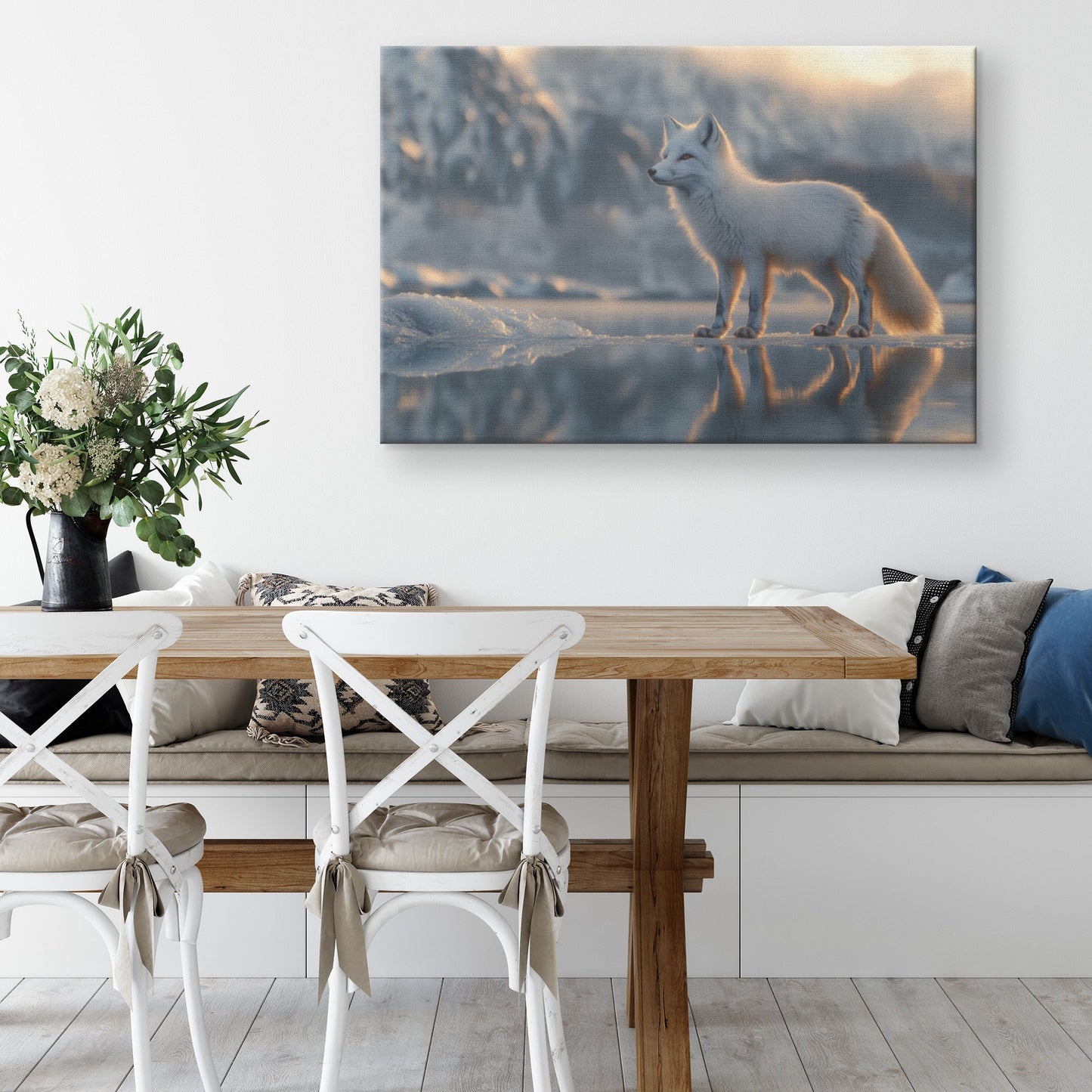 White Fox Standing on Icy Lake Under Twilight Sky Reflecting in Crystal Clear Water Canvas Wall Art Decor - Awakening Righteousness