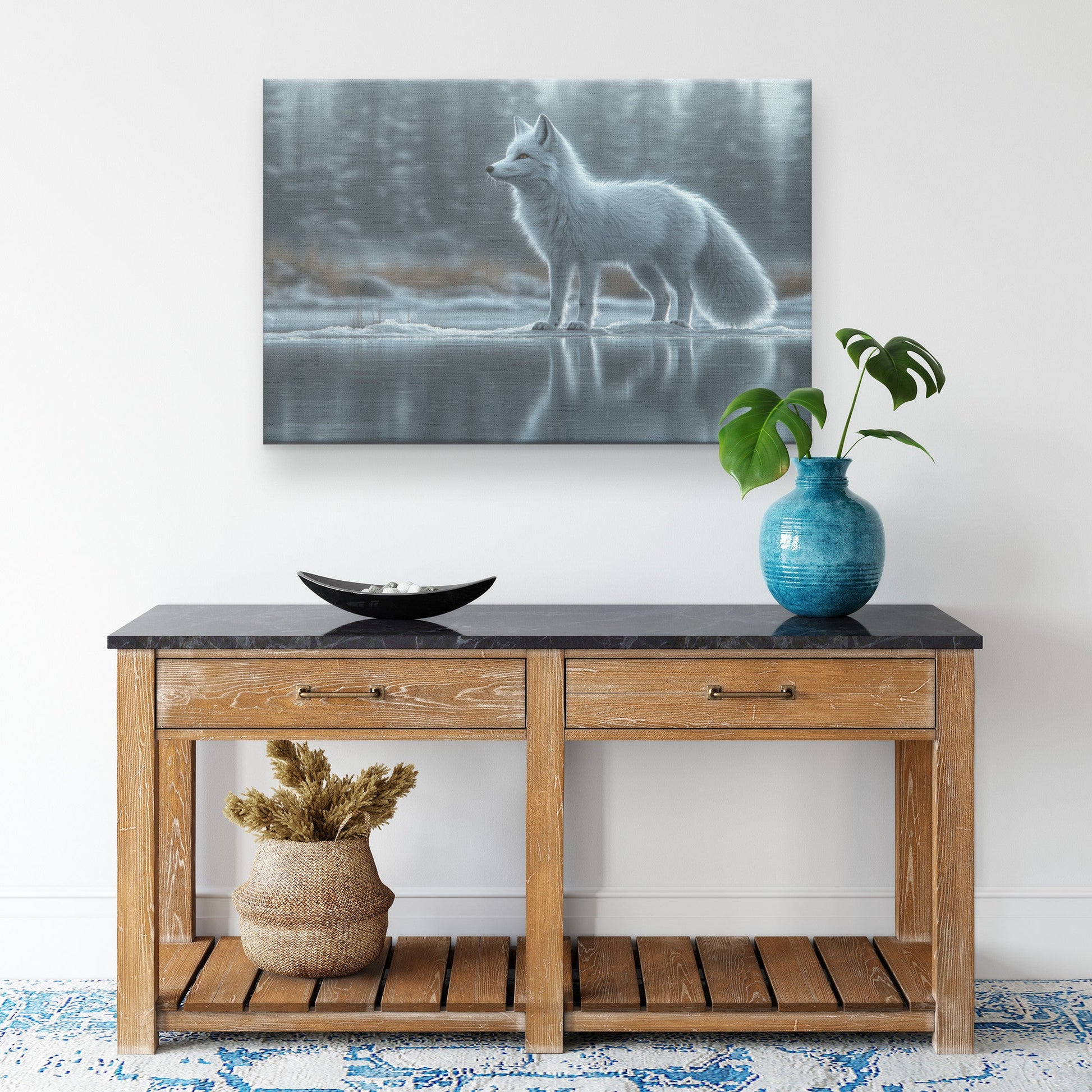 White Fox Standing on Icy Lake Under Twilight Sky Reflecting in Crystal Clear Water Canvas Wall Art Decor - Awakening Righteousness