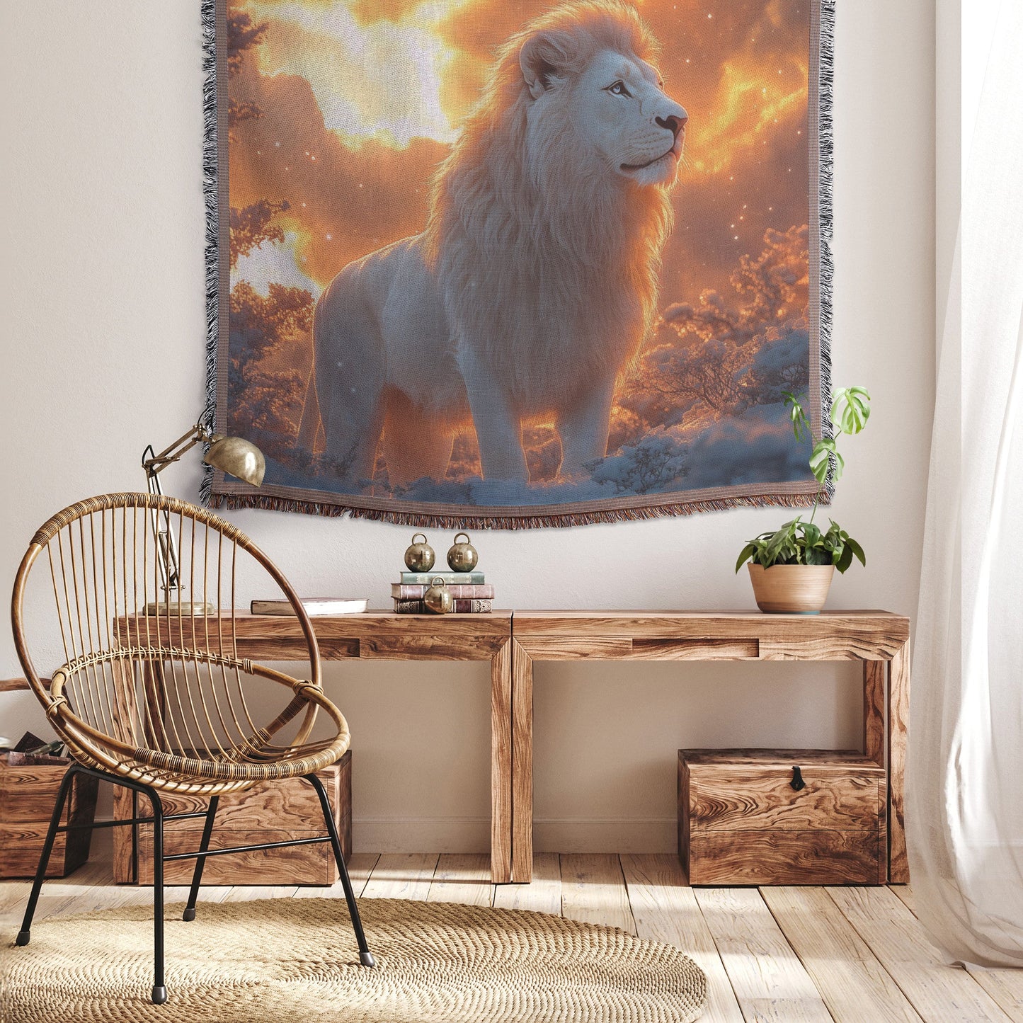 White Lion in Magical Snowy Forest with Shimmering Fur Under Glowing Twilight Skies Woven Throw Blanket - Awakening Righteousness