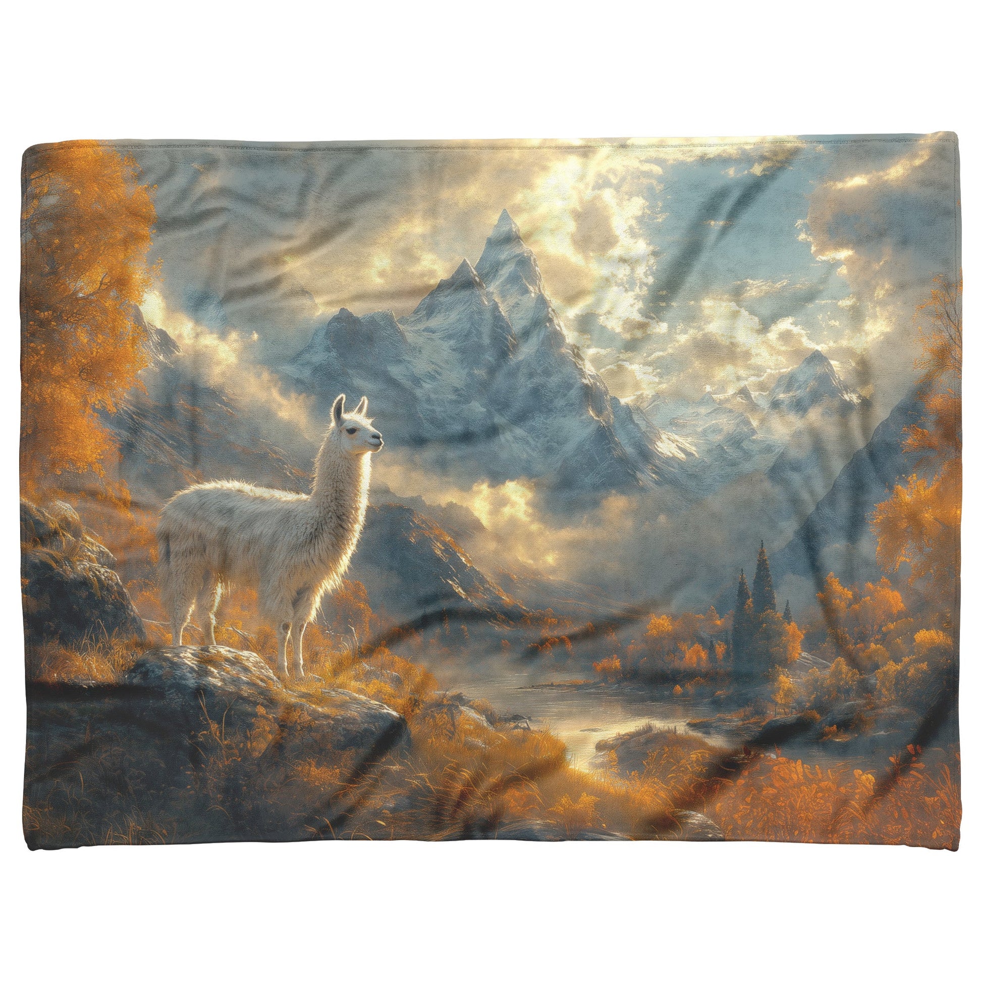 White Llama Standing Majestically in Misty Valley Snow Capped Peaks Soft Golden Light Peaceful Fleece Sherpa Blanket - Awakening Righteousness